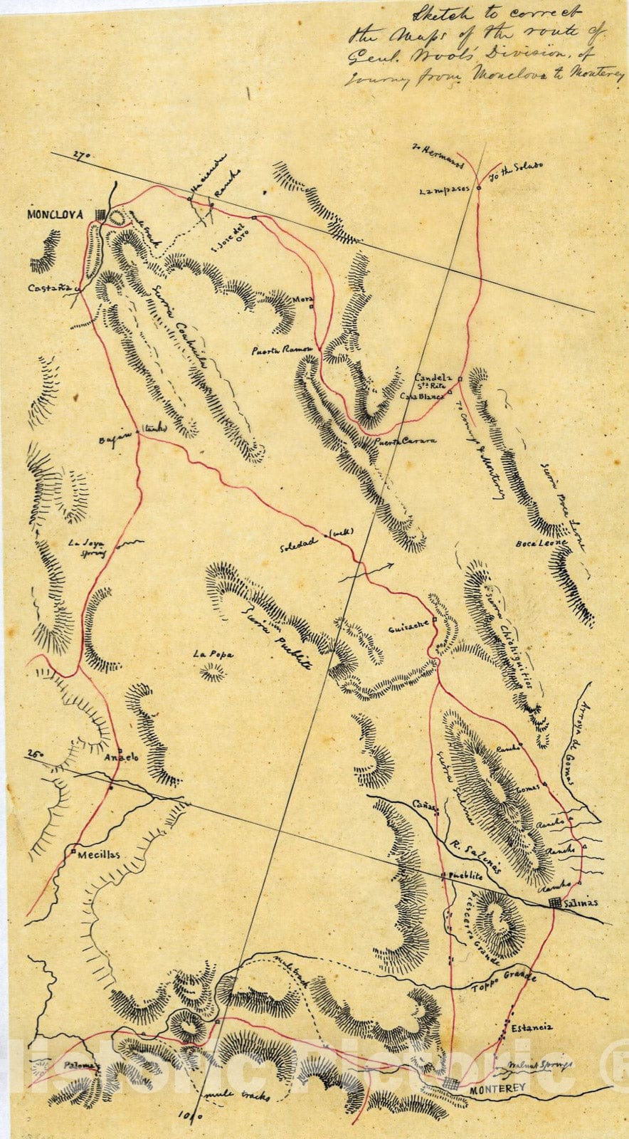 Historic 1846 Map - Sketch to Correct The maps of The Route of Genl. Wool's Division of Journey from Monclova to Monterrey.