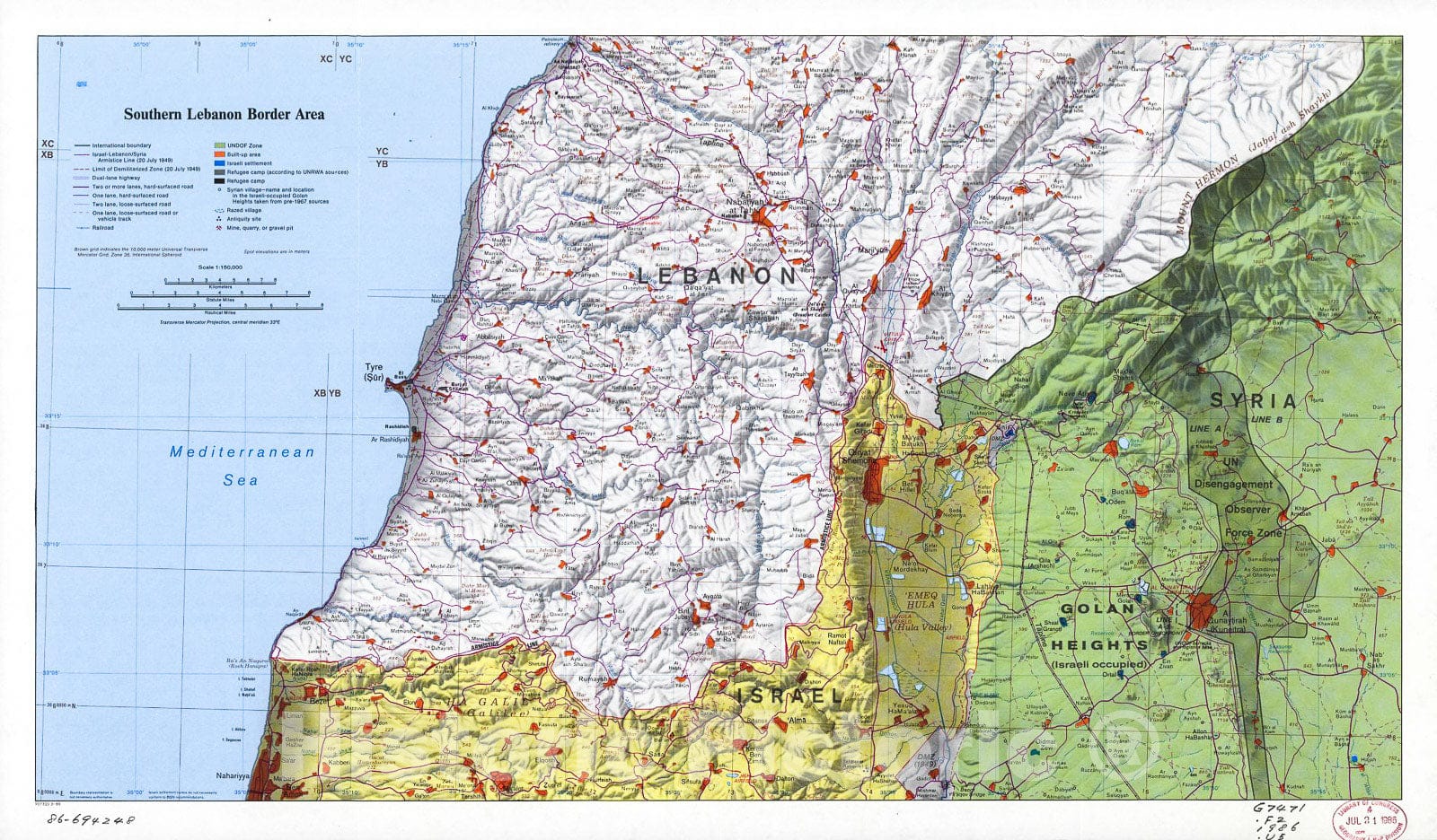 Historic 1986 Map - Southern Lebanon Border Area.