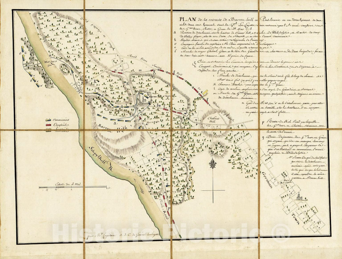 Historic 1778 Map - Plan de la retraite de Barren Hill en Pensilvanie