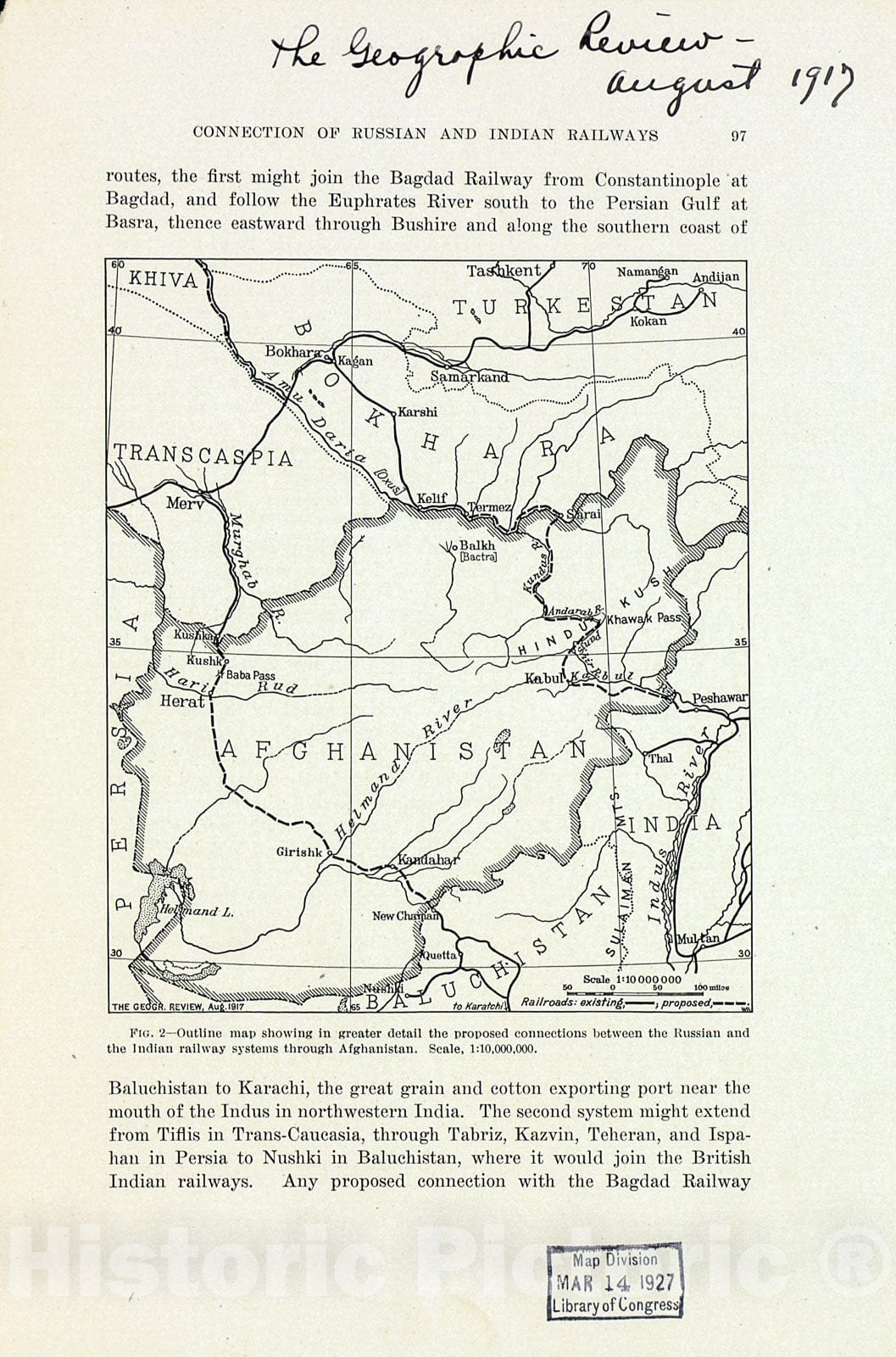 Historic 1917 Map - Outline map Showing in Greater Detail The Proposed Connections Between The Russian and Indian Railway Systems Through Afghanistan.