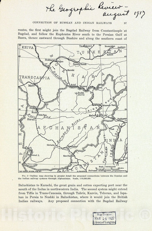 Historic 1917 Map - Outline map Showing in Greater Detail The Proposed Connections Between The Russian and Indian Railway Systems Through Afghanistan.