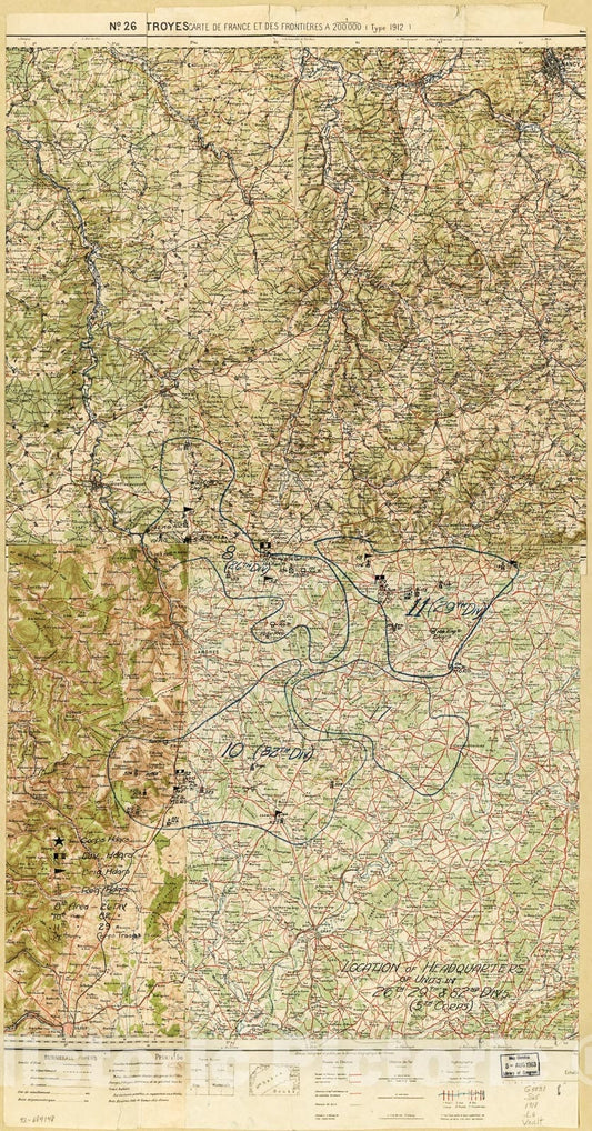 Historic 1918 Map - Location of Headquarters of Units in 26th, 29th & 82nd Divs. (5th Corps) : Northeastern France