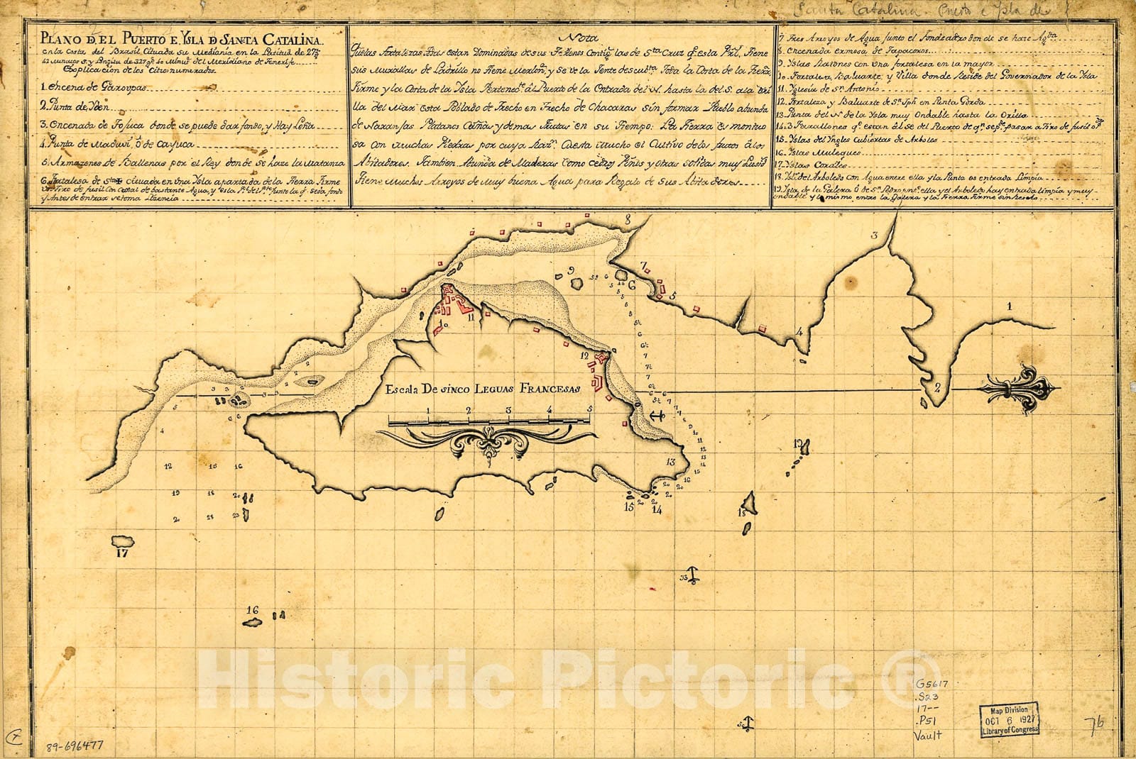 Historic 1700 Map - Plano del Puerto e Ysla de Sancta Catalina en la Costa del Brasil cituada su mediania en la latitud DE 27 gs. 42 minutos S. y longitu de 327 gs. 40 Minute.