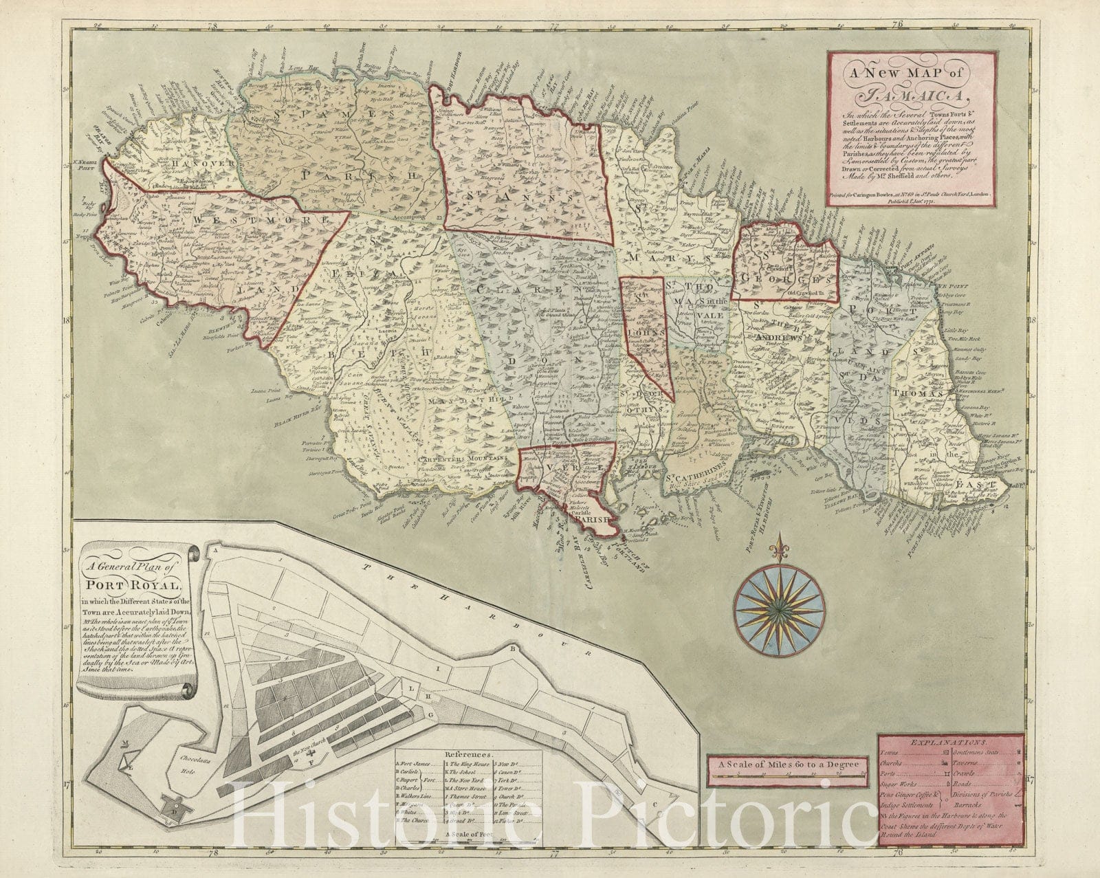 Historic 1771 Map - A New map of Jamaica; in which The Several Towns, forts, settlements are accurately Laid Down, as Well as The situations & Depths of The Most Noted harbours