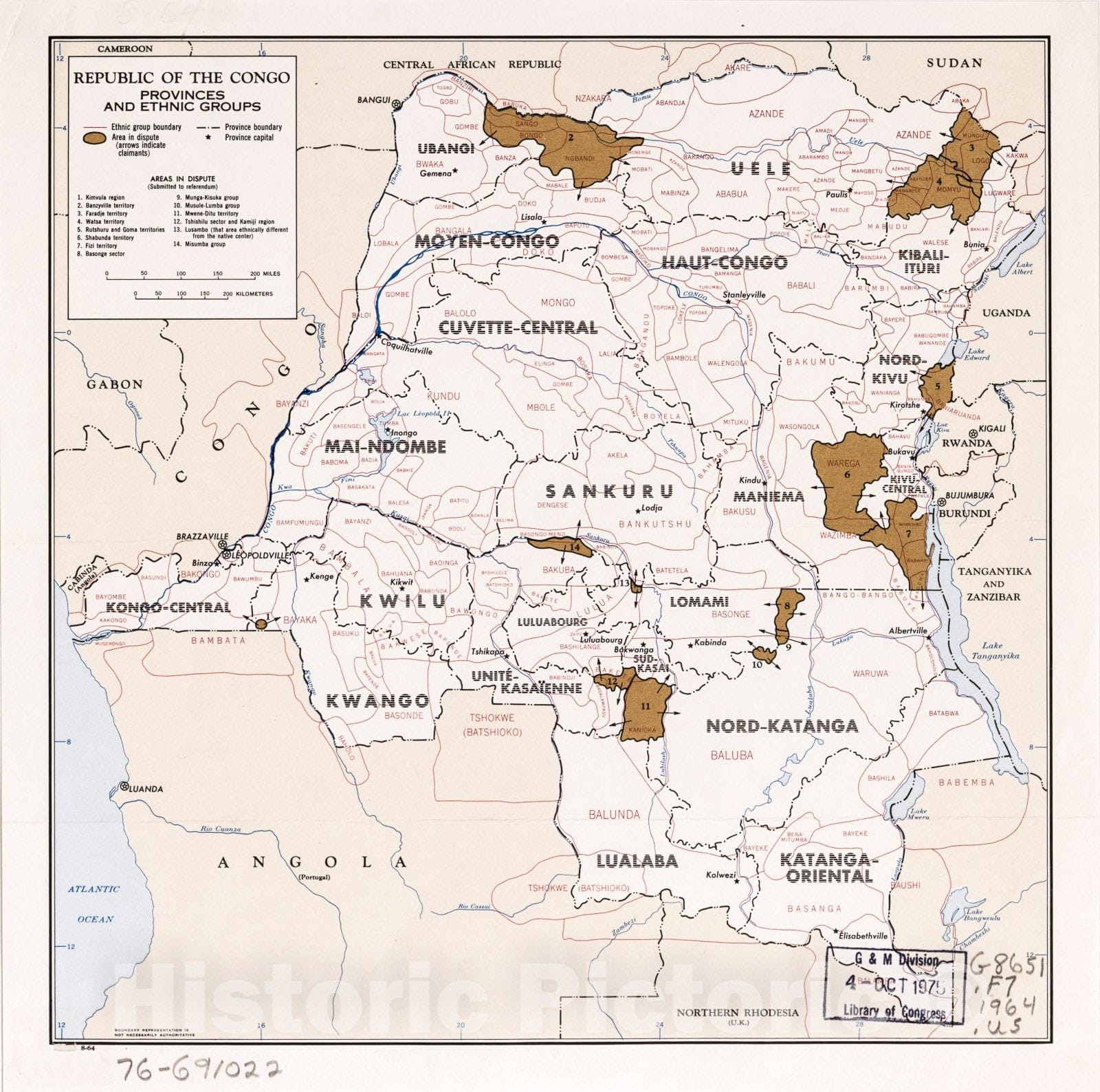 Historic 1964 Map - Republic of The Congo, Provinces and Ethnic Groups. 8-64.