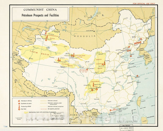 Historic 1958 Map - Communist China, Petroleum prospects and Facilities.