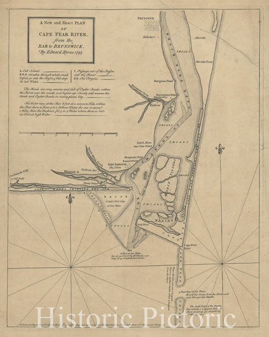 Historic 1753 Map - A New and Exact Plan of Cape Fear River, from The bar to Brunswick,