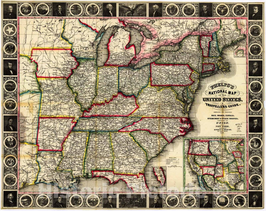 Historic 1852 Map - Phelps's National map of The United States.