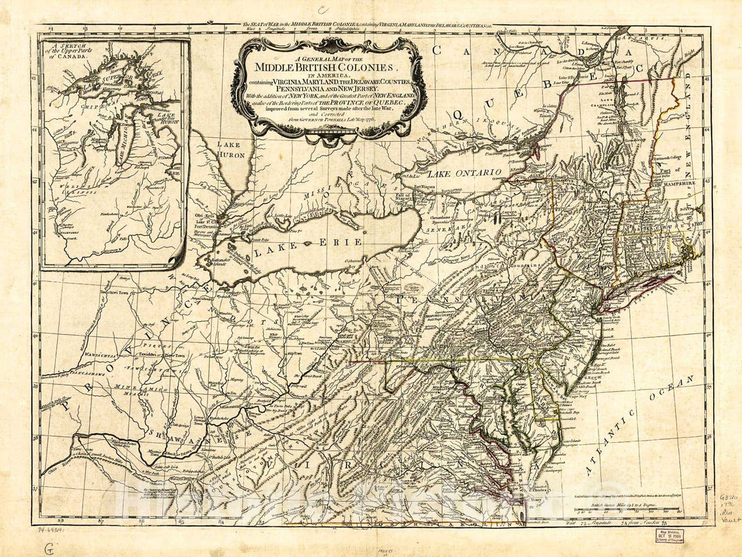 Historic 1776 Map - A General map of The Middle British Colonies, in America. Containing Virginia, Maryland, The Delaware Counties, Pennsylvania, and New Jersey