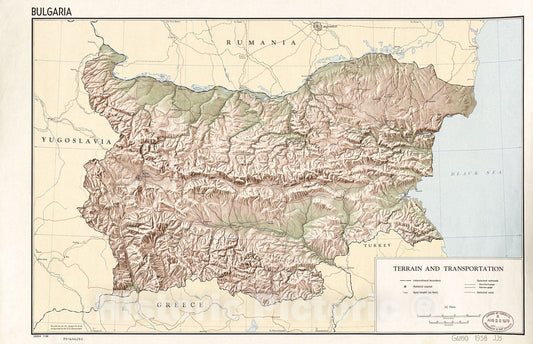 Historic 1958 Map - Bulgaria, Terrain and Transportation.