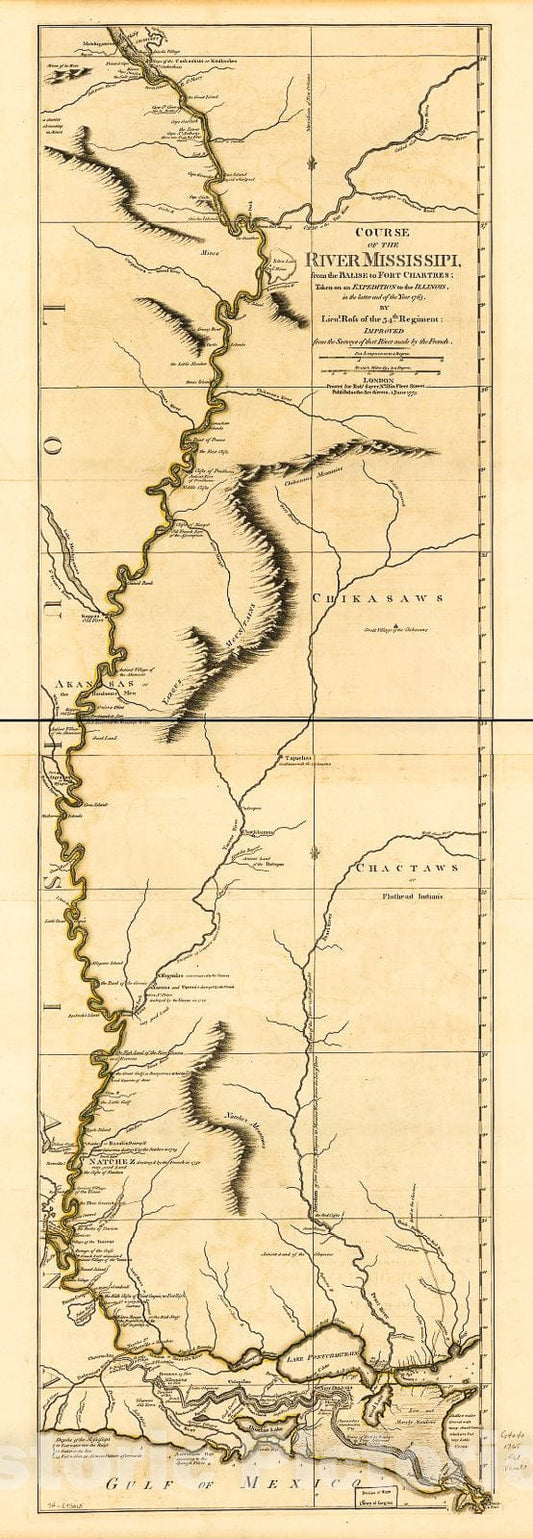 Historic 1780 Map - Course of The River Mississipi from The Balise to Fort Chartres; Taken on an Expedition to The Illinois, in The Latter end of The Year 1765.