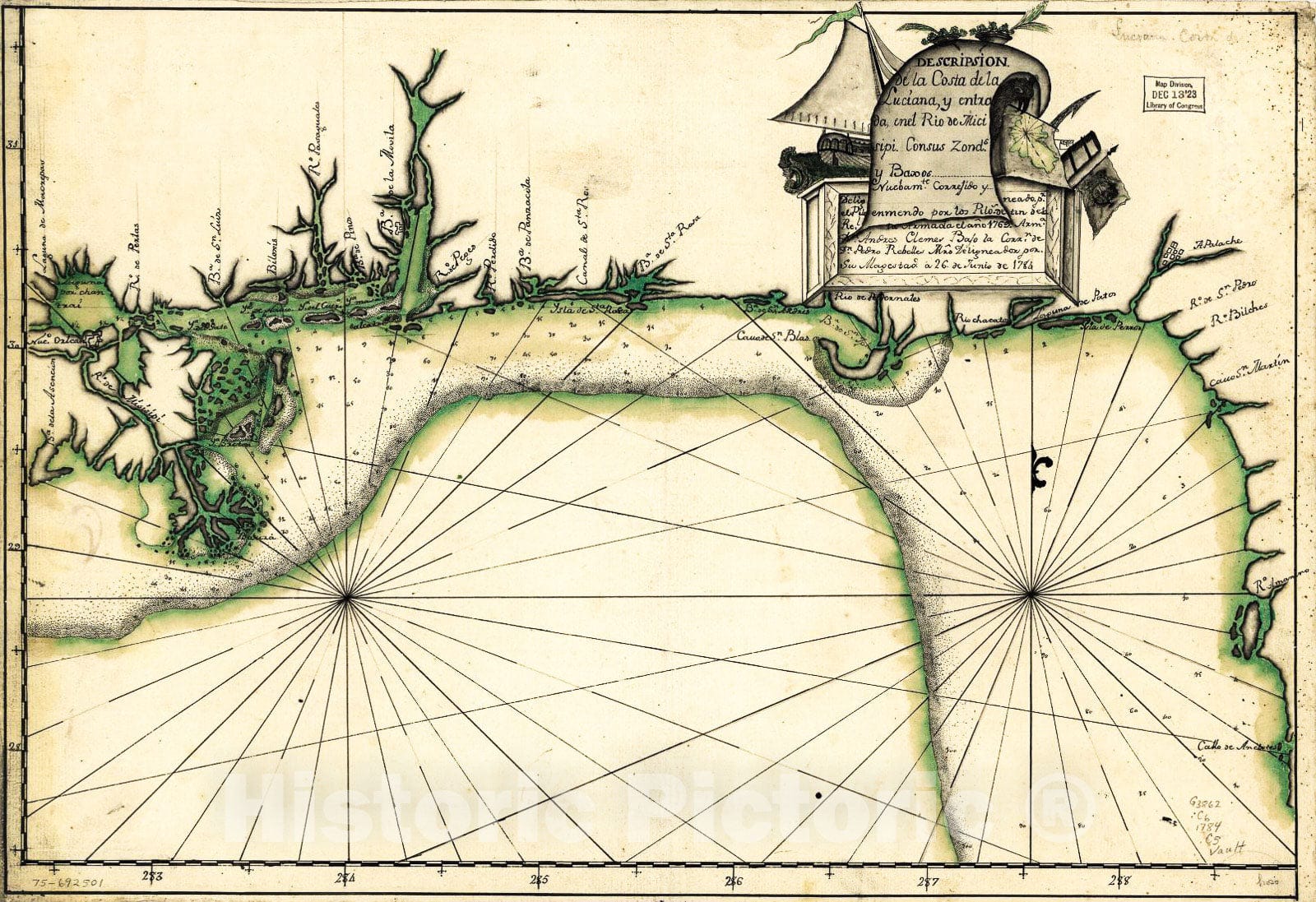 Historic 1784 Map - DescripsiÃ³n de la Costa de la Luciana y entrada en el RÃ­o de Micisipi con sus zonds. y baxos, nuebamte. correjido y enmendo por Los pilos. de la Armada, el aÃ±o 1769.