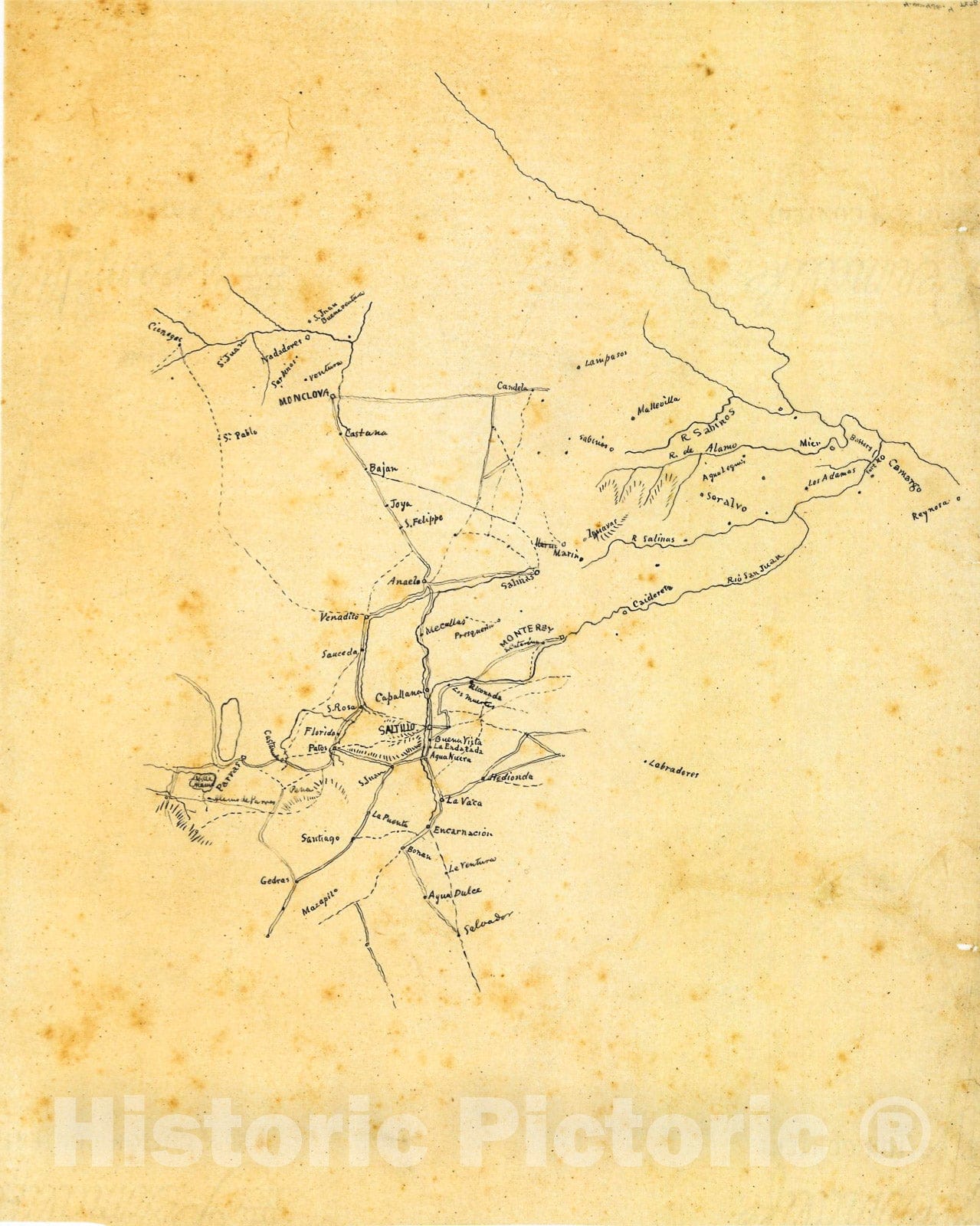 Historic 1846 Map - Sketch of Area of Northeastern Mexico from Rio Grande to Parras