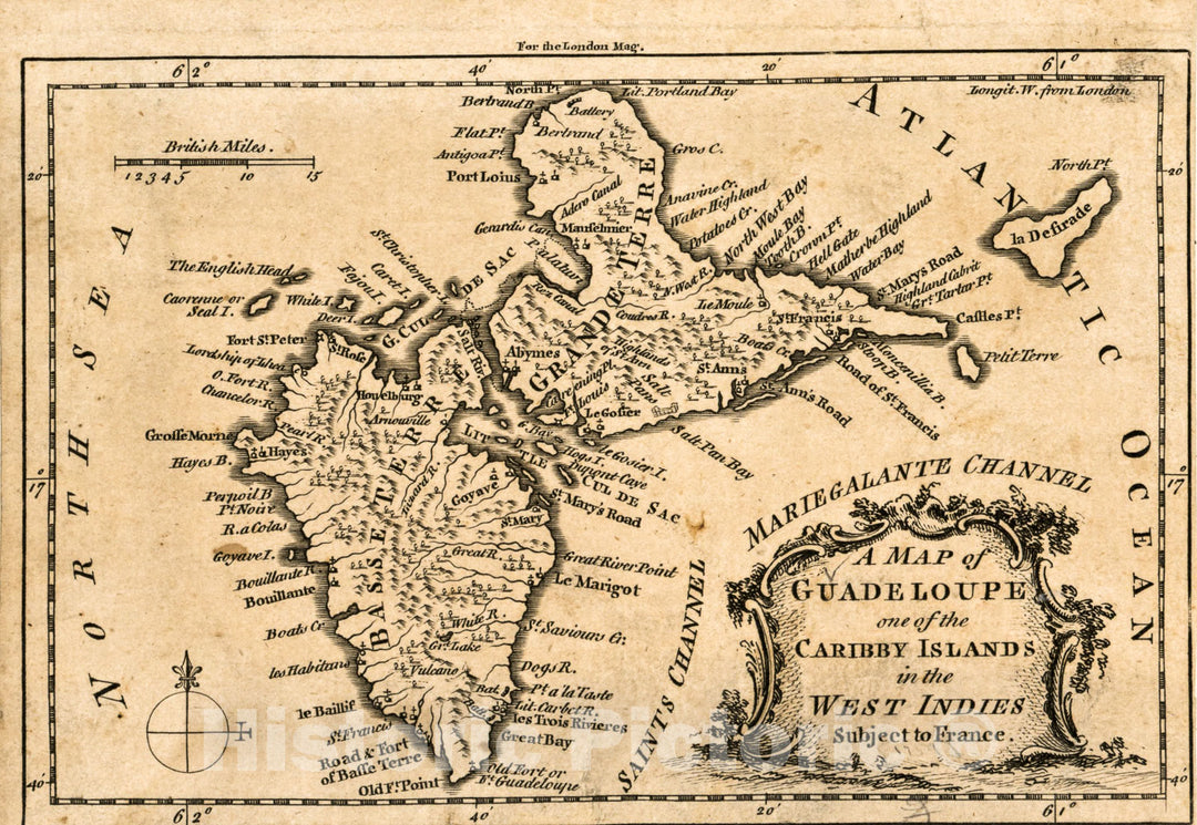 Historic 1759 Map - A map of Guadeloupe, one of The Caribby Islands in The West Indies Subject to France.