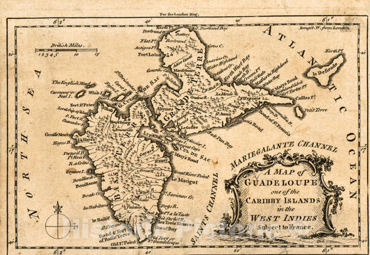 Historic 1759 Map - A map of Guadeloupe, one of The Caribby Islands in The West Indies Subject to France.
