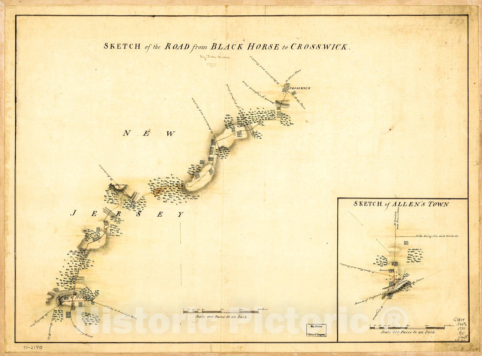 Historic 1778 Map - Sketch of The Road from Black Horse to Crosswick. Sketch of Allen's Town.