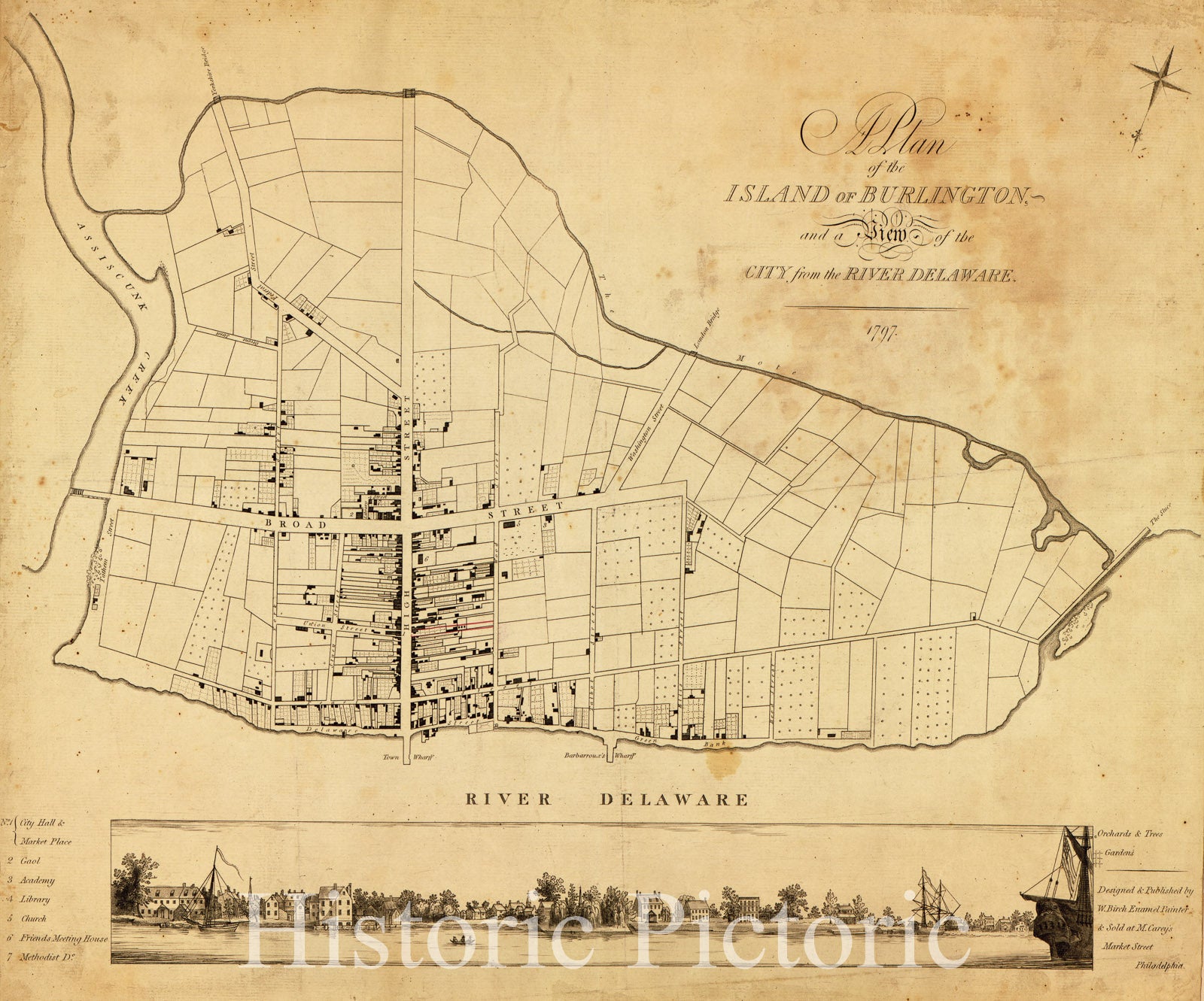 Historic 1797 Map - A Plan of The Island of Burlington : and a View of The City from The River Delaware