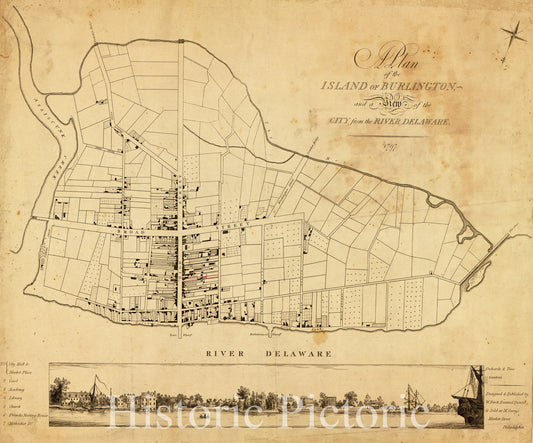 Historic 1797 Map - A Plan of The Island of Burlington : and a View of The City from The River Delaware