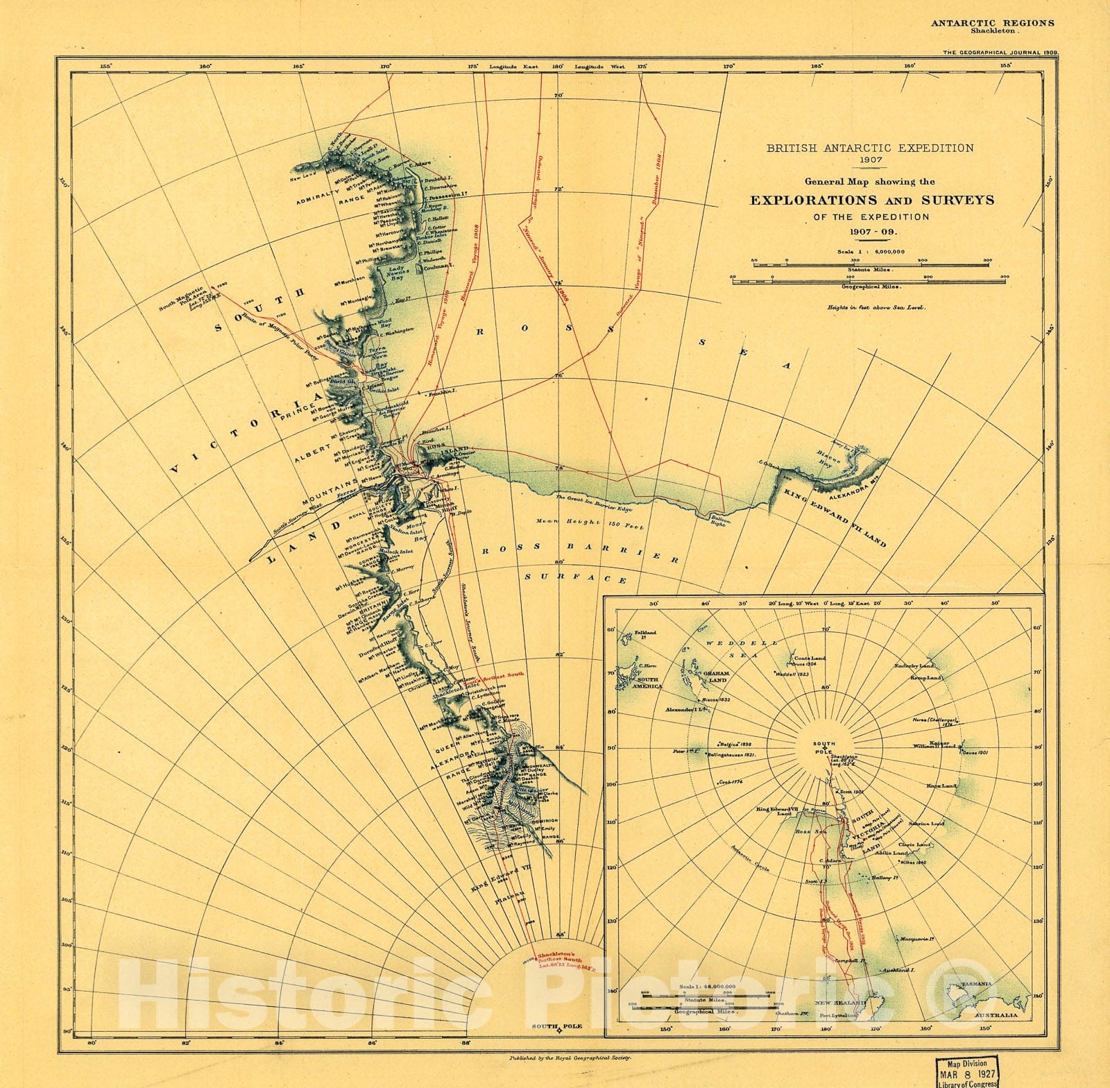 Historic 1909 Map - General Map Showing The Explorations and Surveys of The Expedition, 1907-09.
