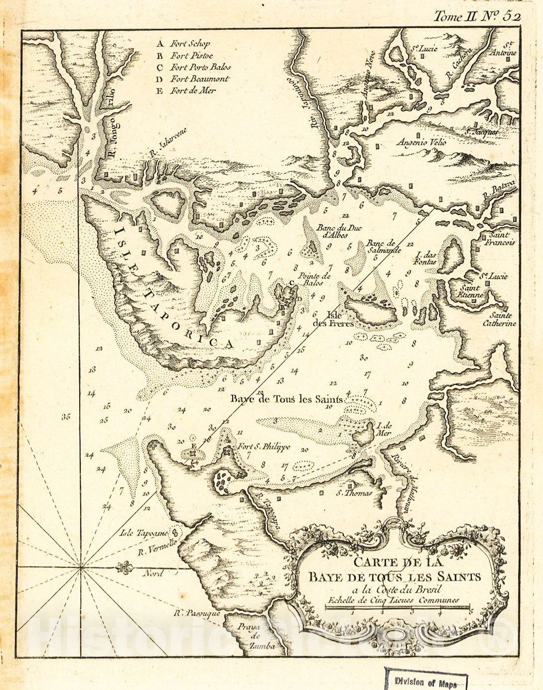 Historic 1764 Map - Carte de la Baye de Tous les Saints a la Coste de Brezil.