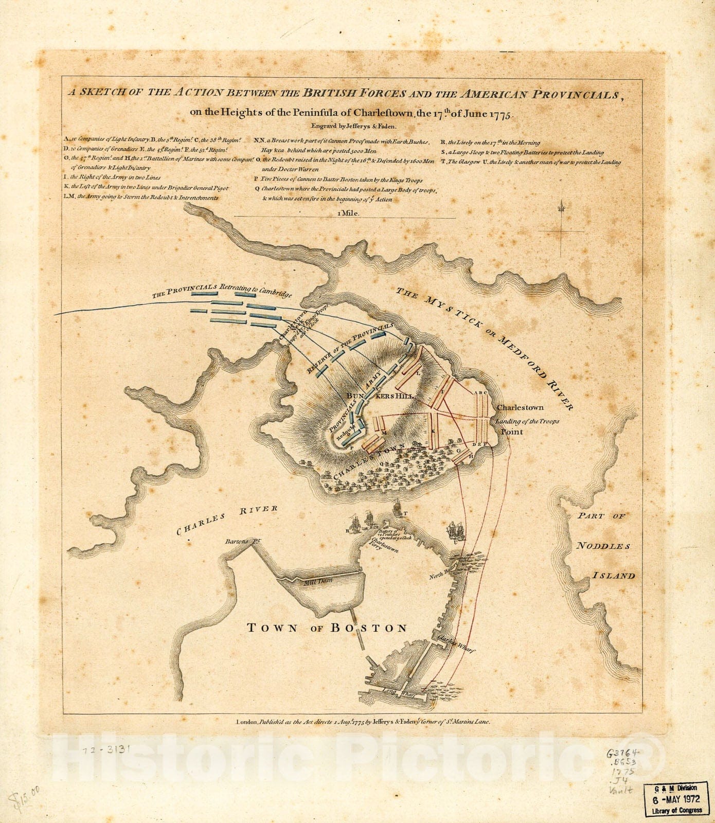 Historic 1775 Map - Sketch of The Action Between The British Forces and American provincials, on The Heights of The Peninsula of Charlestown, The 17th June 1775.