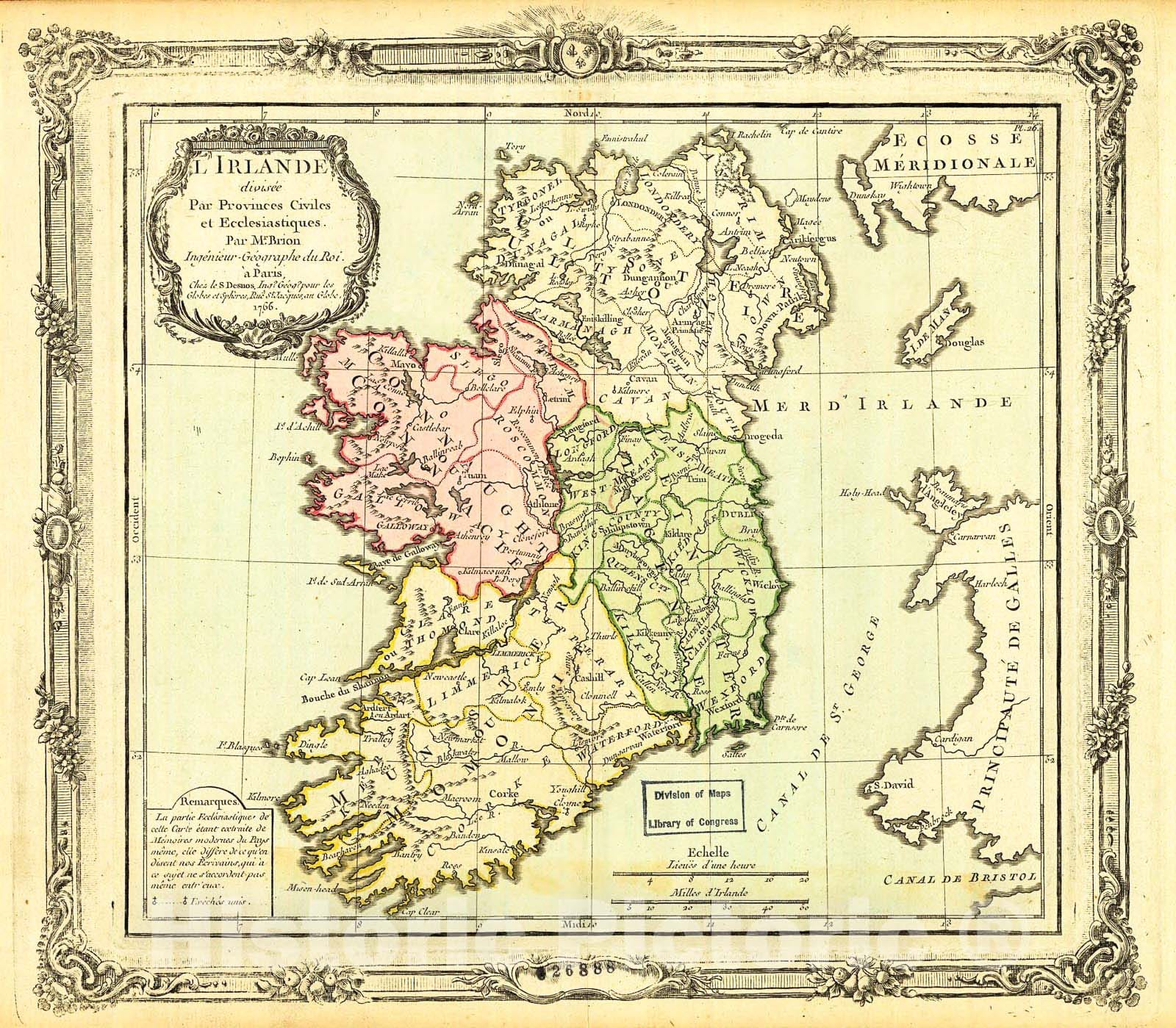 Historic 1766 Map - L'Irlande divisÃ©e par Provinces civiles et ecclesiastiques.