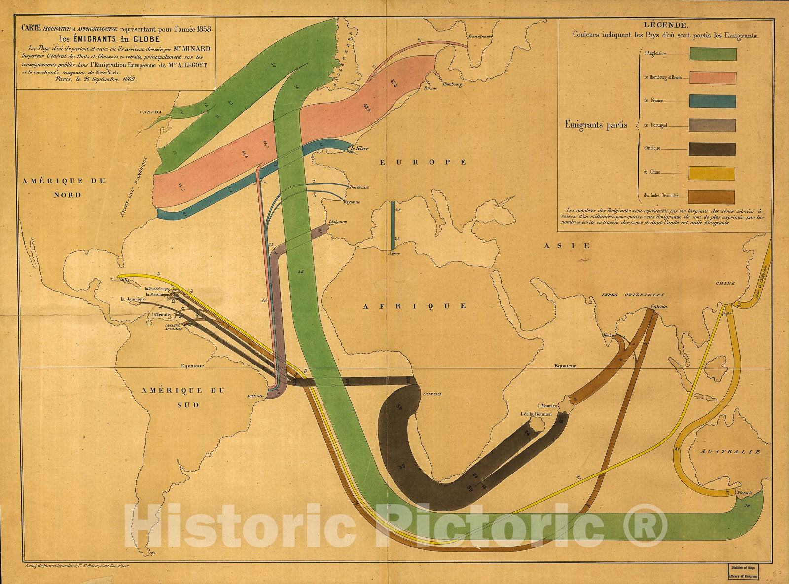 Historic 1858 Map - Carte figurative et approximative reprÃ©sentant Pour l'annÃ©e 1858 les Ã©migrants du Globe, les Pays dÃ³u ils partent et ceux oÃº ils arrivent