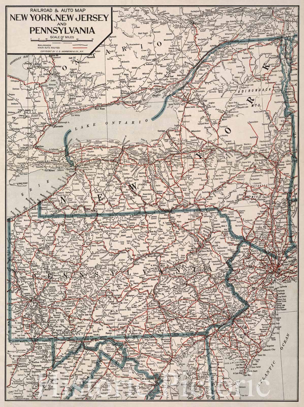 Historic 1923 Map - Railroad & auto map, New York, New Jersey and Pennsylvania.