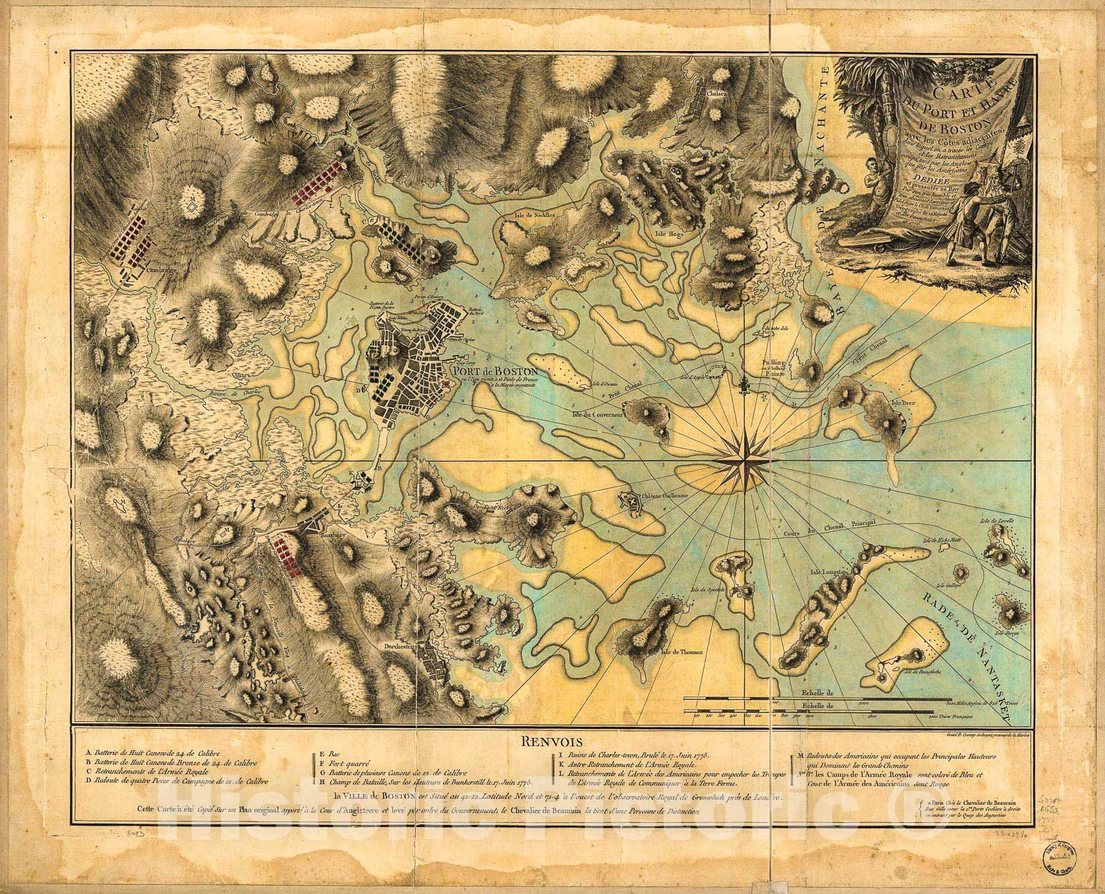 Historic 1776 Map - Carte du Port et Havre de Boston avec les cÃ´tes adjacentes, Dans laquel on a tracÃ©e les Camps et les retranchemens occupÃ©, tant par les Anglois que par les AmÃ©ricains.