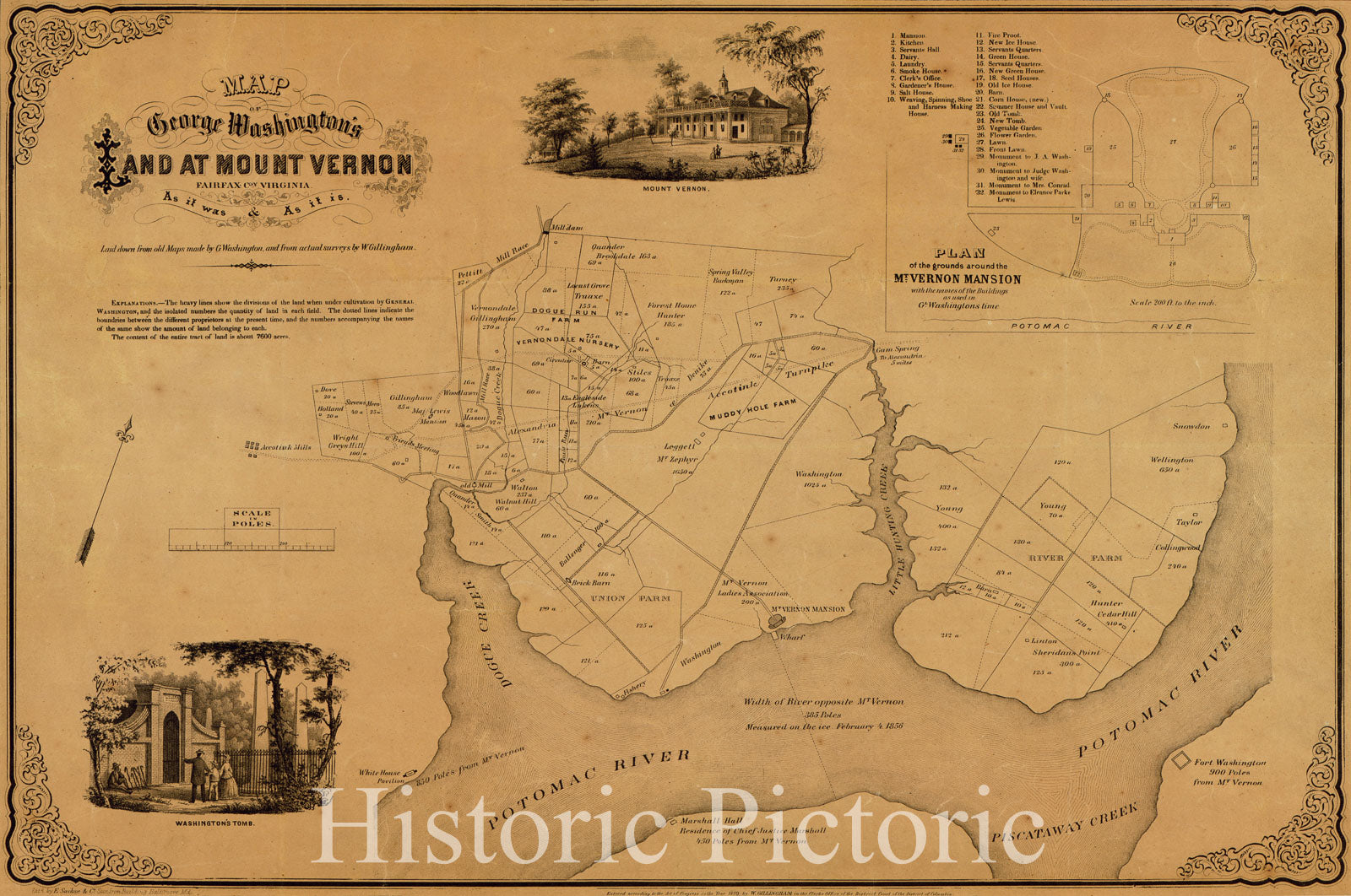 Historic 1859 Map - Map of George Washington's Land at Mount Vernon, Fairfax Coy, Virginia, as it was & as it is. Laid Down from Old maps Made by G. Washington and from Actual surveys