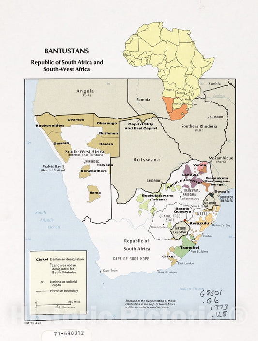Historic 1973 Map - Bantustans, Republic of South Africa and South-West Africa.