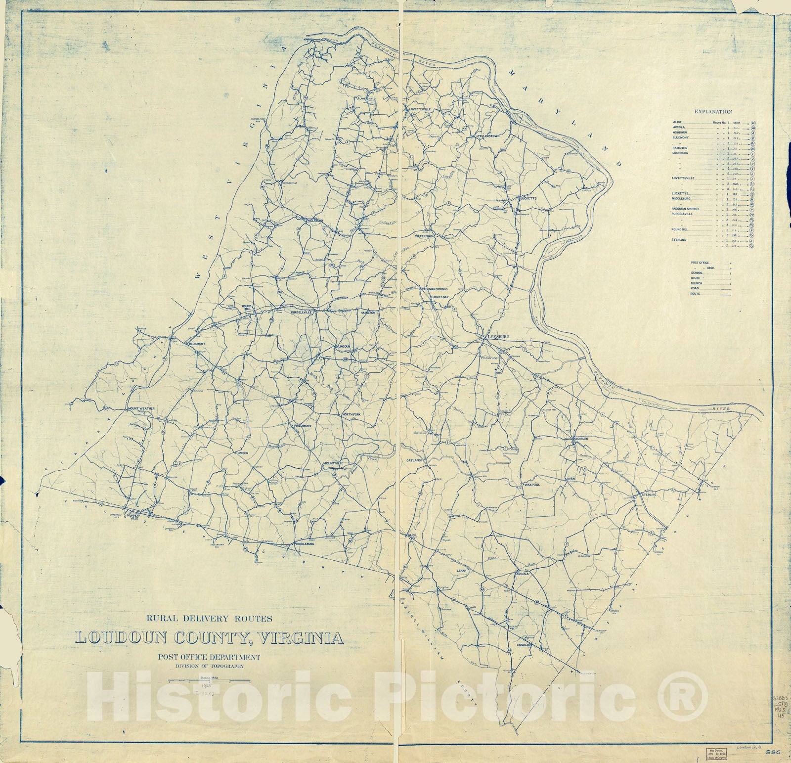 Historic 1925 Map - Rural delivery Routes, Loudoun County, Virginia