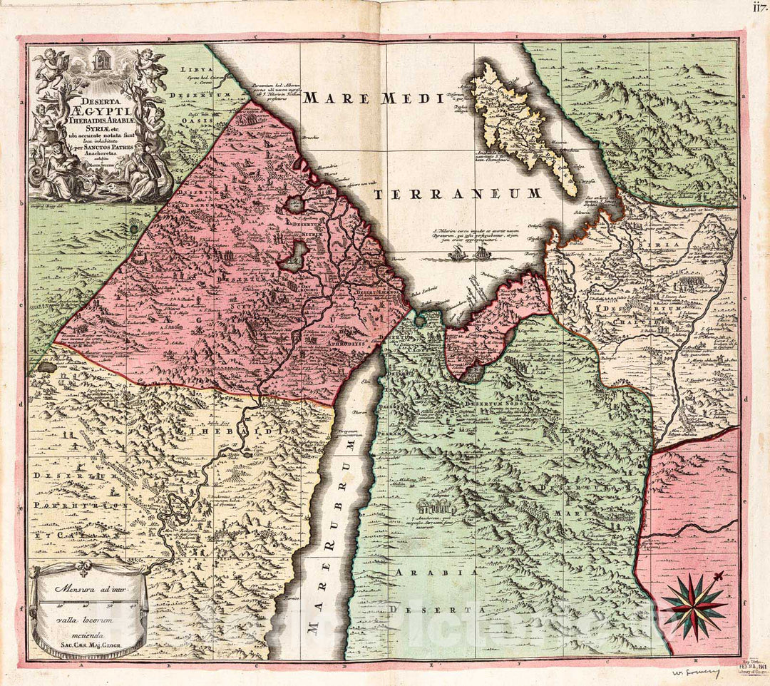 Historic 1700 Map - Deserta Aegypti, Thebaidis, Arabiae, Syriae etc. ubi accurata notata sunt loca inhabitata per Sanctos Patres Anachoretas