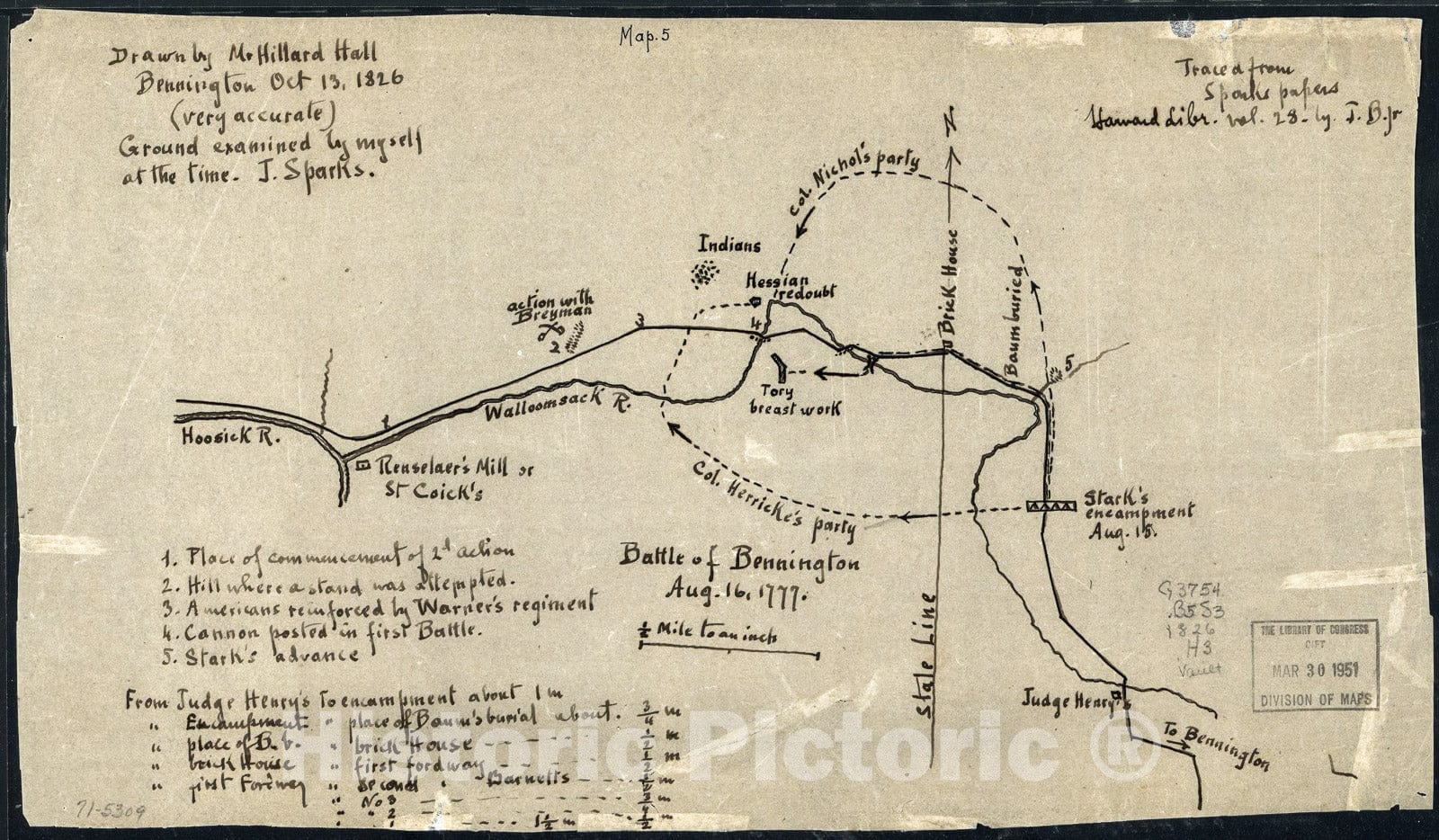 Historic 1826 Map - Battle of Bennington, Aug. 16, 1777.