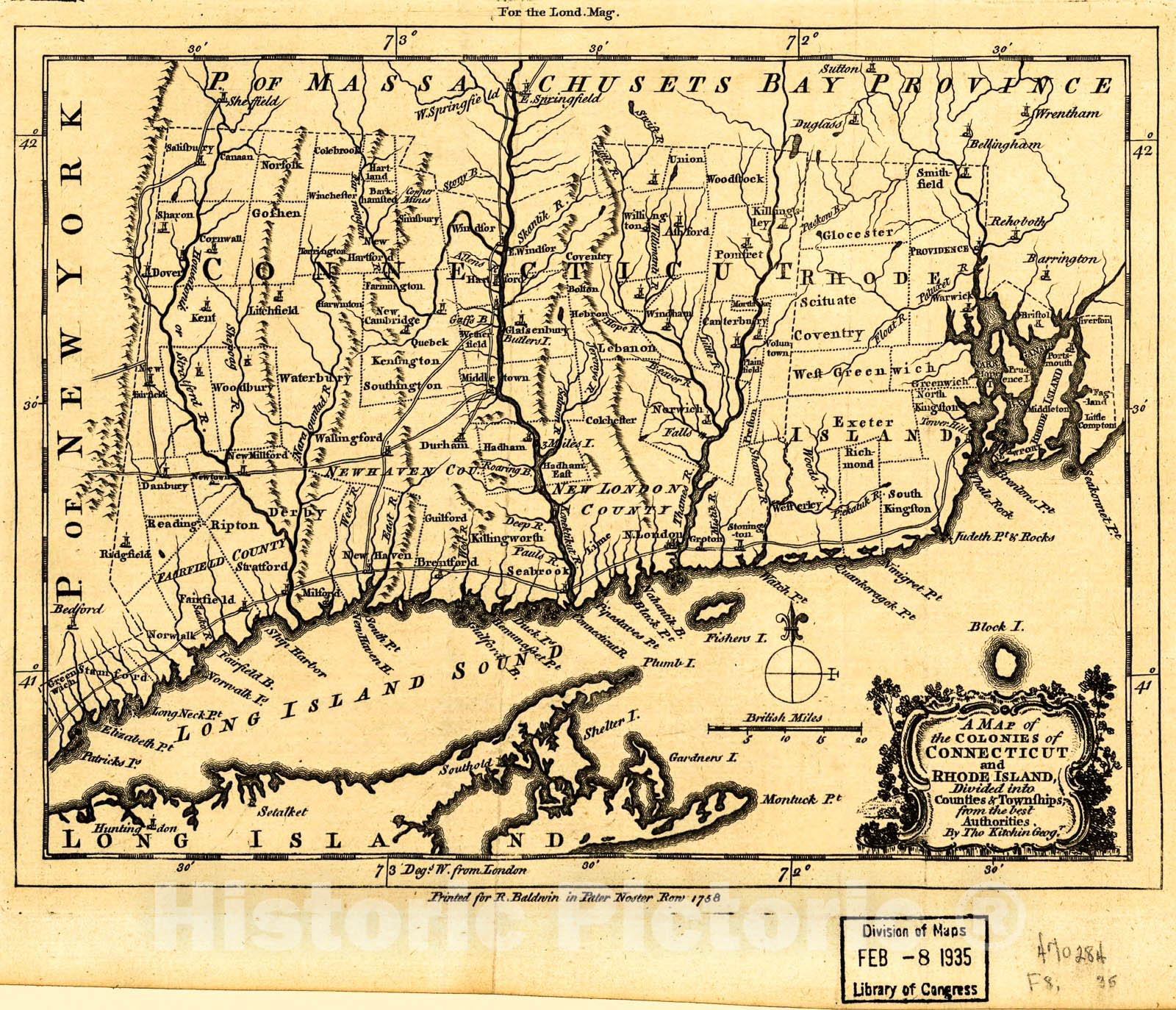 Historic 1758 Map - A map of The Colonies in Connecticut and Rhode Island, Divided by Counties & townships, from Best Authorities.