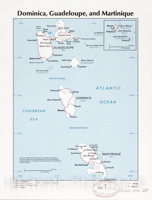 Historic 1972 Map - Dominica, Guadeloupe, and Martinique.