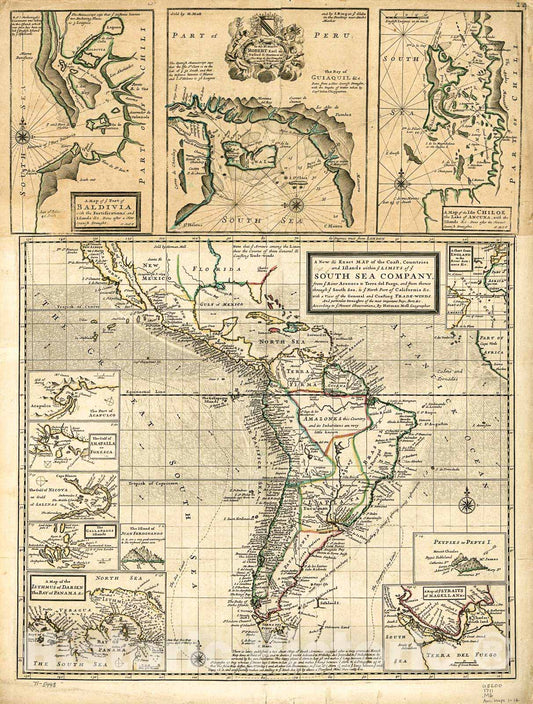 Historic 1711 Map - A New & Exact map of The Coast, Countries and Islands Within ye Limits of ye South Sea Company, from ye River Aranoca to Terra del Fuego