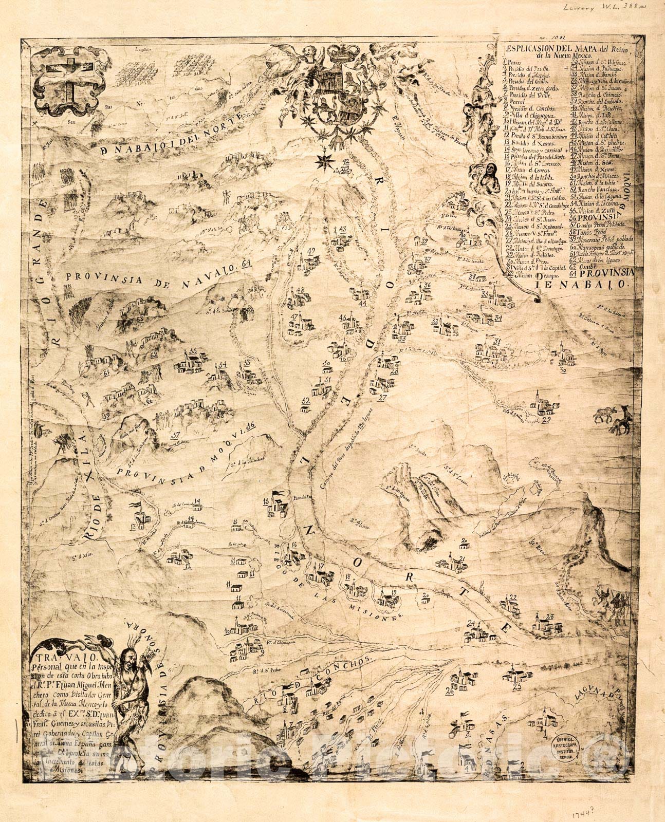 Historic 1744 Map - Travajo Personal que en la inspesion de esta Corta obra tubo el Ro. Pe. F. Juan Miguel Menchero Como Visitador General de la Nueva Mexico y lo dedica a el Exmo.