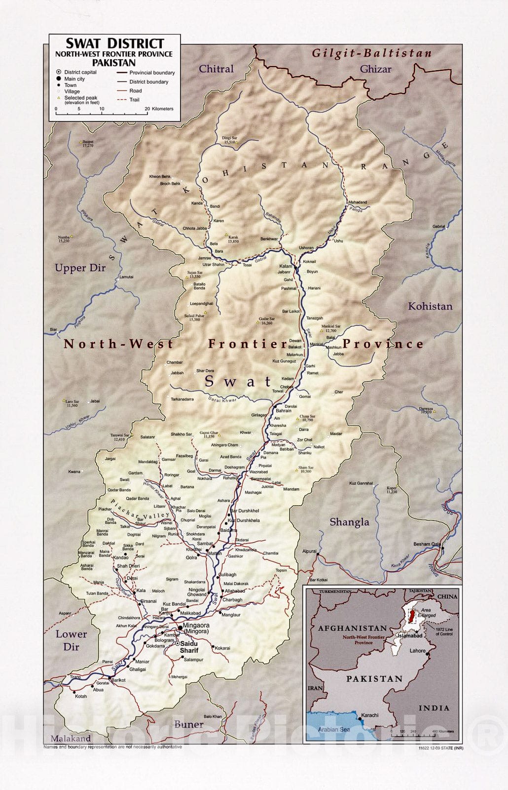 Historic 2009 Map - Swat District, North-West Frontier Province, Pakistan.
