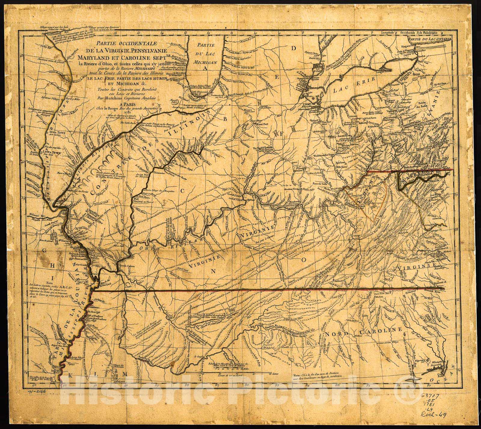 Historic 1781 Map - Partie occidentale de la Virginie, Pensylvanie, Maryland, et Caroline Septle. la riviÃ¨re d'Ohio, et toutes celles qui s'y jettent, Partie de la RiviÃ¨re Mississippi