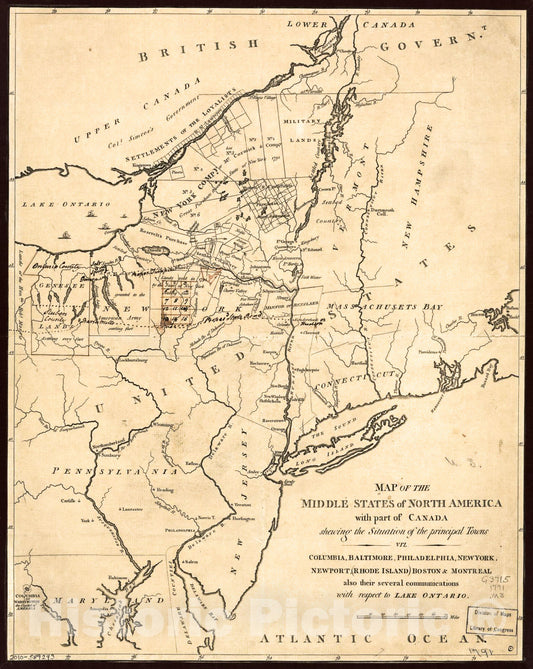 Historic 1791 Map - Map of The Middle States of North America with Part of Canada shewing The Situation of The Principal Towns, viz. Columbia