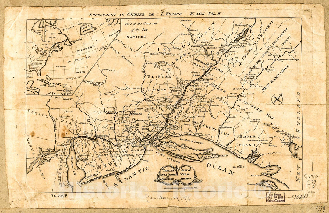 Historic 1777 Map - Theatre de la Guerre en Amerique. Seat of war in America.