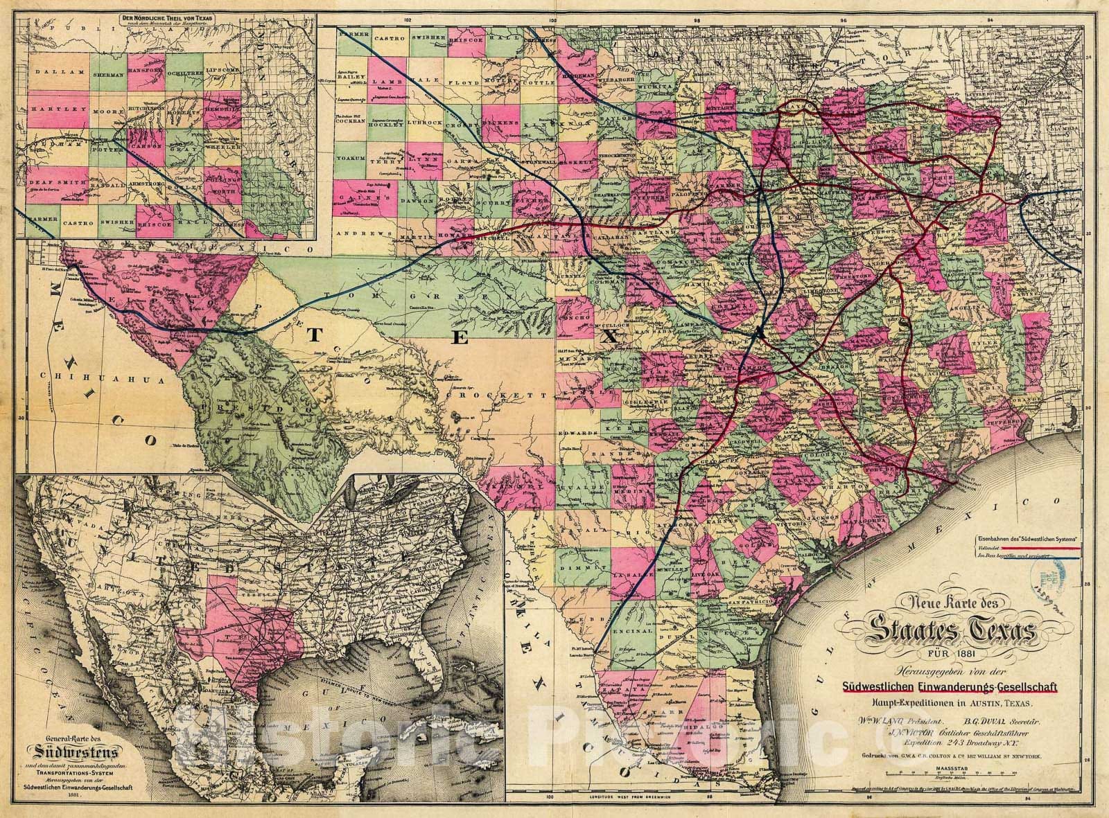 Historic 1881 Map - Neue Karte de Staates Texas fÃ¼r 1881.