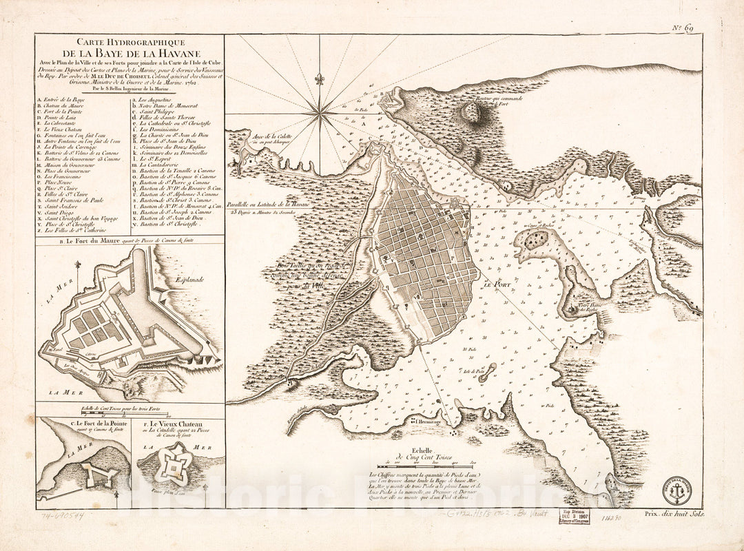 Historic 1791 Map - Carte hydrographique de la baye de la Havana. Avec le Plan de la Ville et de SES forts Pour joindre a la Carte de l'isle de Cube.