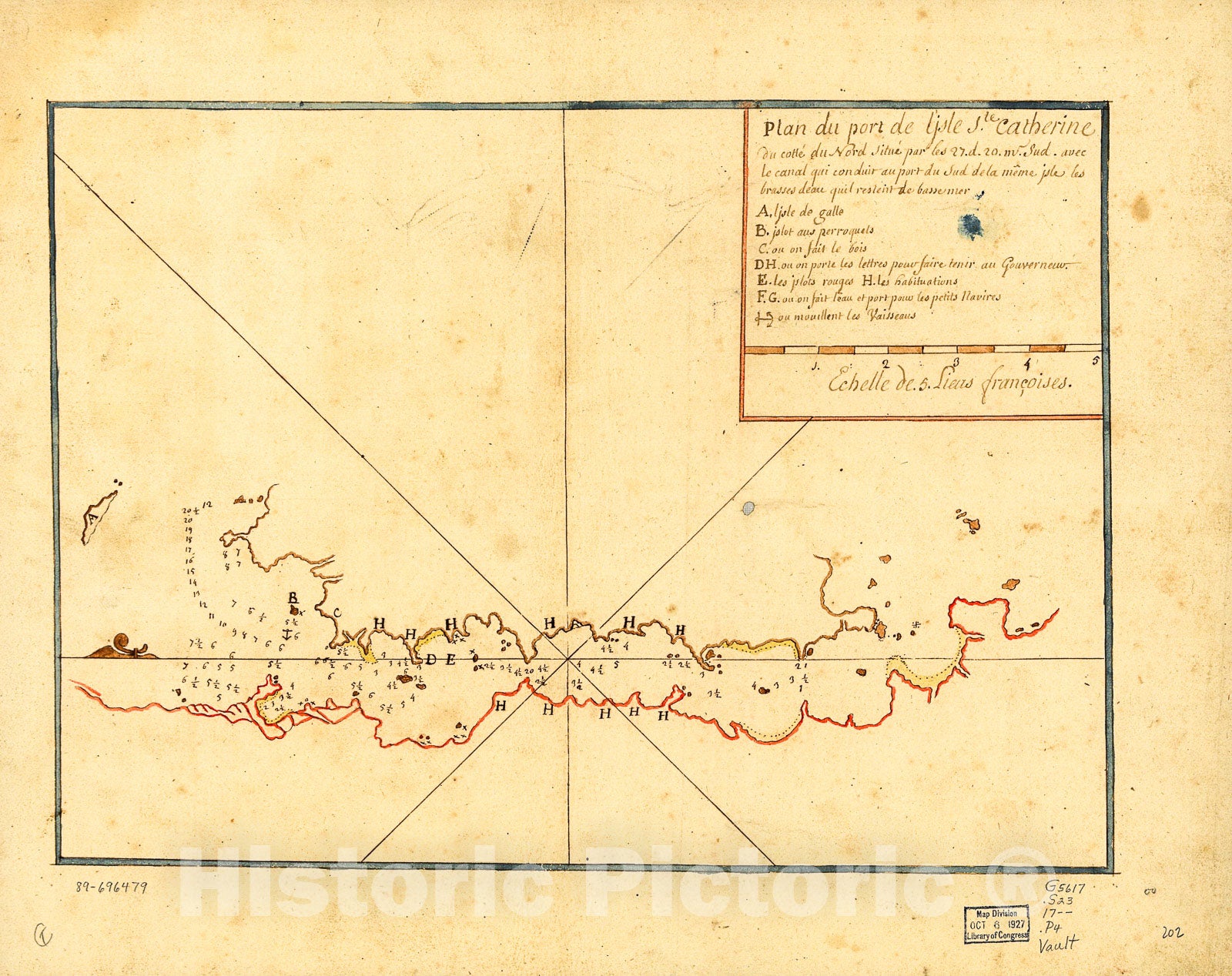 Historic 1700 Map - Plan de Port de l'Isle Ste. Catherine du cottÃ© du nord situÃ© par les 27. d. 20. m