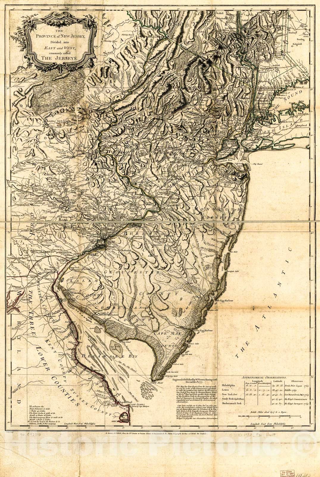 Historic 1777 Map - The Province of New Jersey, Divided into East and West, commonly Called The Jerseys. 2
