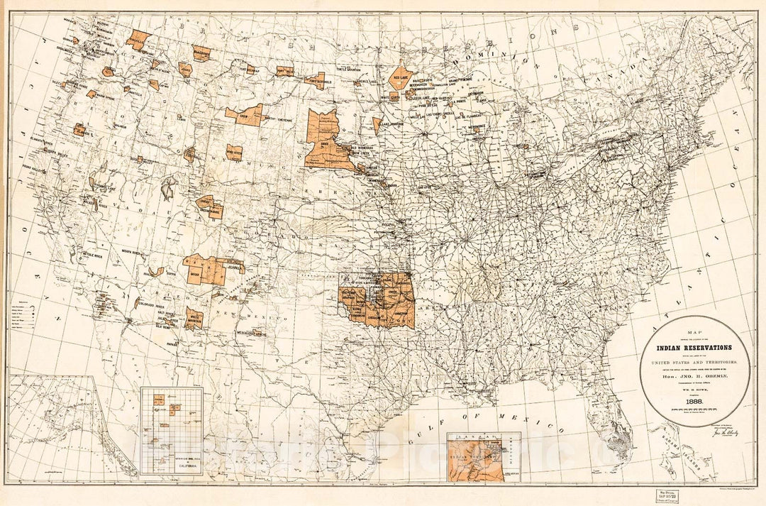 Historic 1888 Map - Map Showing The Location of The Indian Reservations Within The Limits of The United States and Territories