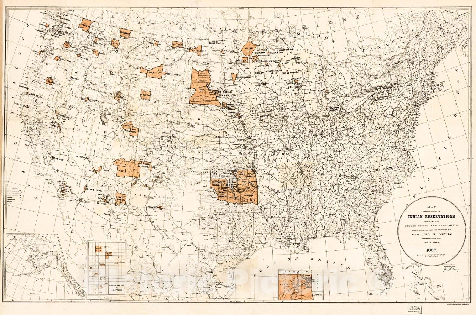 Historic 1888 Map - Map Showing The Location of The Indian Reservations Within The Limits of The United States and Territories