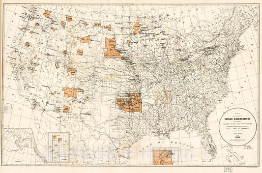 Historic 1888 Map - Map Showing The Location of The Indian Reservations Within The Limits of The United States and Territories