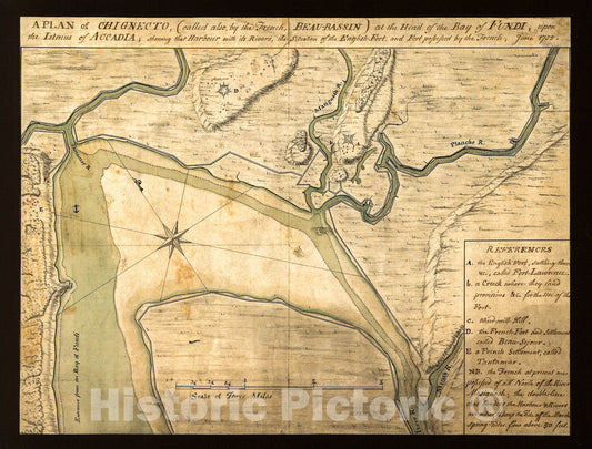 Historic 1755 Map - A Plan of Chignecto (Called Also by The French Beau-Bassin) at The Head of The Bay of Fundi Upon The Istmus of Accadia shewing That Harbour with its Rivers